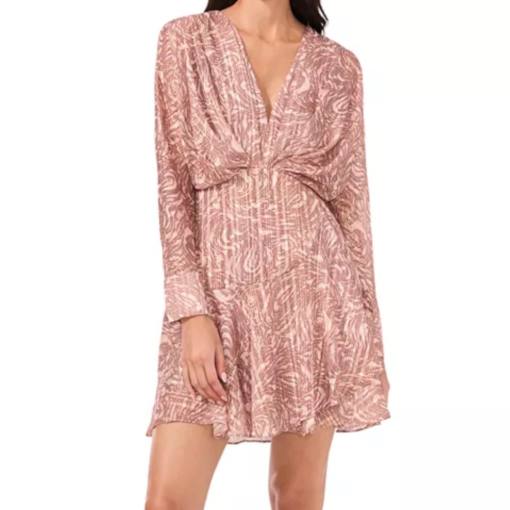 Parker Designer Pink Marble Print Mini Dress – Silk Long Sleeve